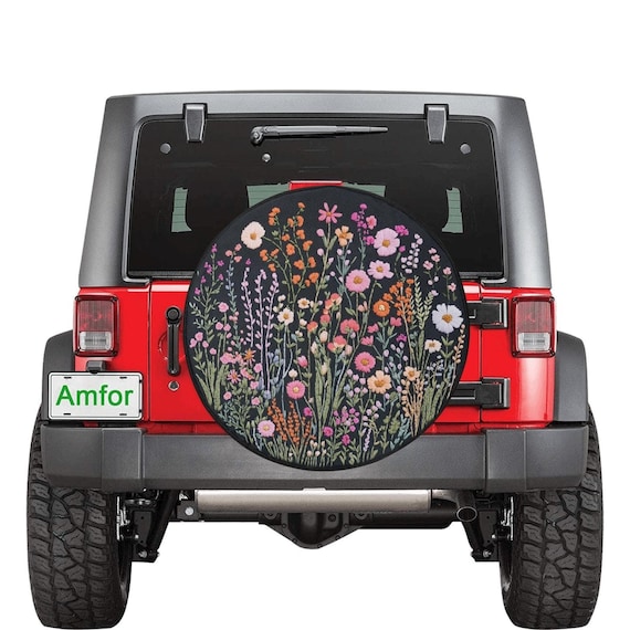 Wild Flowers Spare Tire Cover, Faux Embroidery Pastel Printed Grassy Botanicals Floral Wheel Unique Backup Camera Hole Trailer Back Women RV