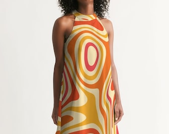 Orange Psychedelic Women Halter Dress, Retro Vintage 70s Groovy Summer Beach Sleeveless Cocktail Mini Cute Handmade Designer Ladies Dress