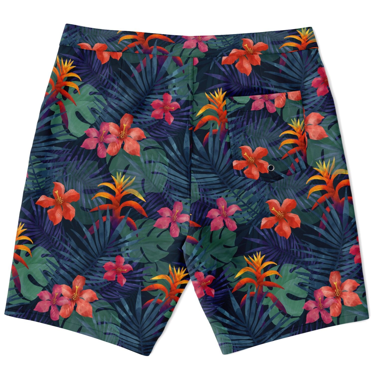 Tropical Men Board Shorts, Jungle Flowers Green Mid Length Blue