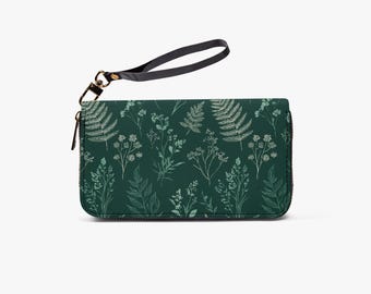 Dark Green Long Wristlet Leather Wallet Women, Botanical Fern Vegan Zipper Zip Credit Cards Pocket Ladies Slim Wrist Strap Clutch Purse