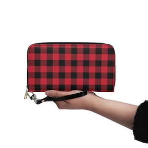 Cartera de cuero con pulsera a cuadros de búfalo rojo para mujer, cremallera vegana negra con cremallera alrededor de tarjetas de crédito, bolsillo para monedas, bolso de mano con correa delgada