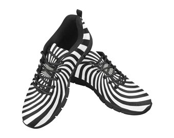 Psychedelic Men Breathable Sneakers, Funky Spiral Black White Print Lace Up Running Cool Designer Dance Casual Crazy Festival Dress Shoes