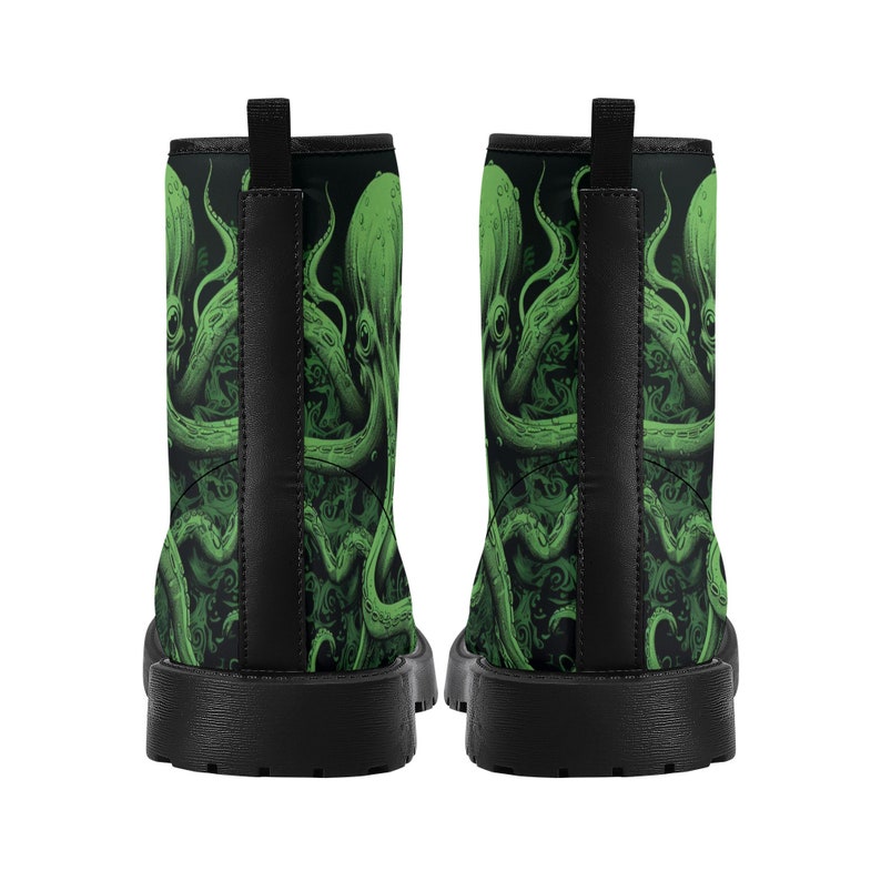 Octopus Men Leather Boots, Tentacles Green Vegan Lace Up Shoes Hiking Festival Black Ankle Combat Work Winter Waterproof Custom Gift image 9