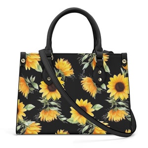 Sunflower Tote Bag Purse, Yellow Flowers Black Vegan Leather Print Handbag Women Zip Top Small Large Designer Handmade Shoulder