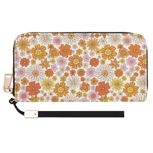 Cartera de mano con estampado floral naranja para mujer, cartera de mano con estampado de flores retro rosas de los años 70, bolsillos de cuero vegano, cremallera, bolso de noche moderno, correa para mujer