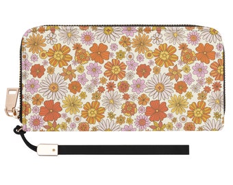 Cartera de mano con estampado floral naranja para mujer, cartera de mano con estampado de flores retro rosas de los años 70, bolsillos de cuero vegano, cremallera, bolso de noche moderno, correa para mujer