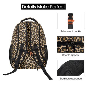May include: A brown and black leopard print backpack with black straps and mesh padding. The backpack has an adjustable buckle, double zippers, and breathable padded straps.