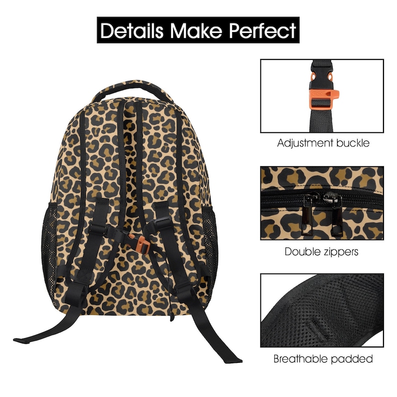 May include: A brown and black leopard print backpack with black straps and mesh padding. The backpack has an adjustable buckle, double zippers, and breathable padded straps.