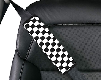 Funda para cinturón de seguridad de coche a cuadros, estampado de carreras en blanco y negro, lavable, para hombre y mujer, con cojín para el hombro y protector decorativo.