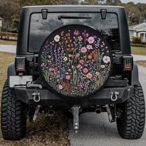 Wild Flowers Spare Tire Cover, Faux Embroidery Pastel Printed Grassy Botanicals Floral Wheel Unique Backup Camera Hole Trailer Back Women RV image 2