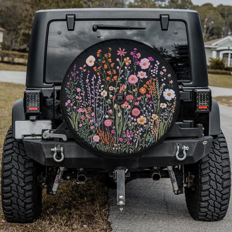 Wild Flowers Spare Tire Cover, Faux Embroidery Pastel Printed Grassy Botanicals Floral Wheel Unique Backup Camera Hole Trailer Back Women RV image 2