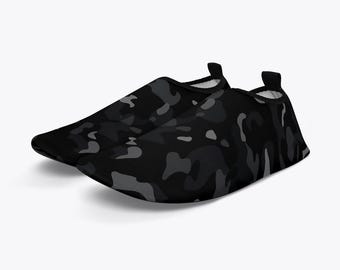 Black Camo Water Shoes, Grey Camouflage Men Women Aqua Beach Surf