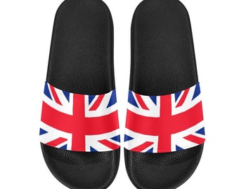 England Women Slide Sandals, Union Jack United Kingdom Flag Country British Shoe Red White Blue Designer Wedge Slippers Flip Flops Slip On