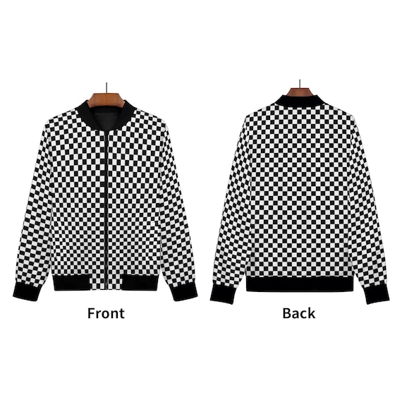 Checkered Women Bomber Jacket, Racing Black White Check