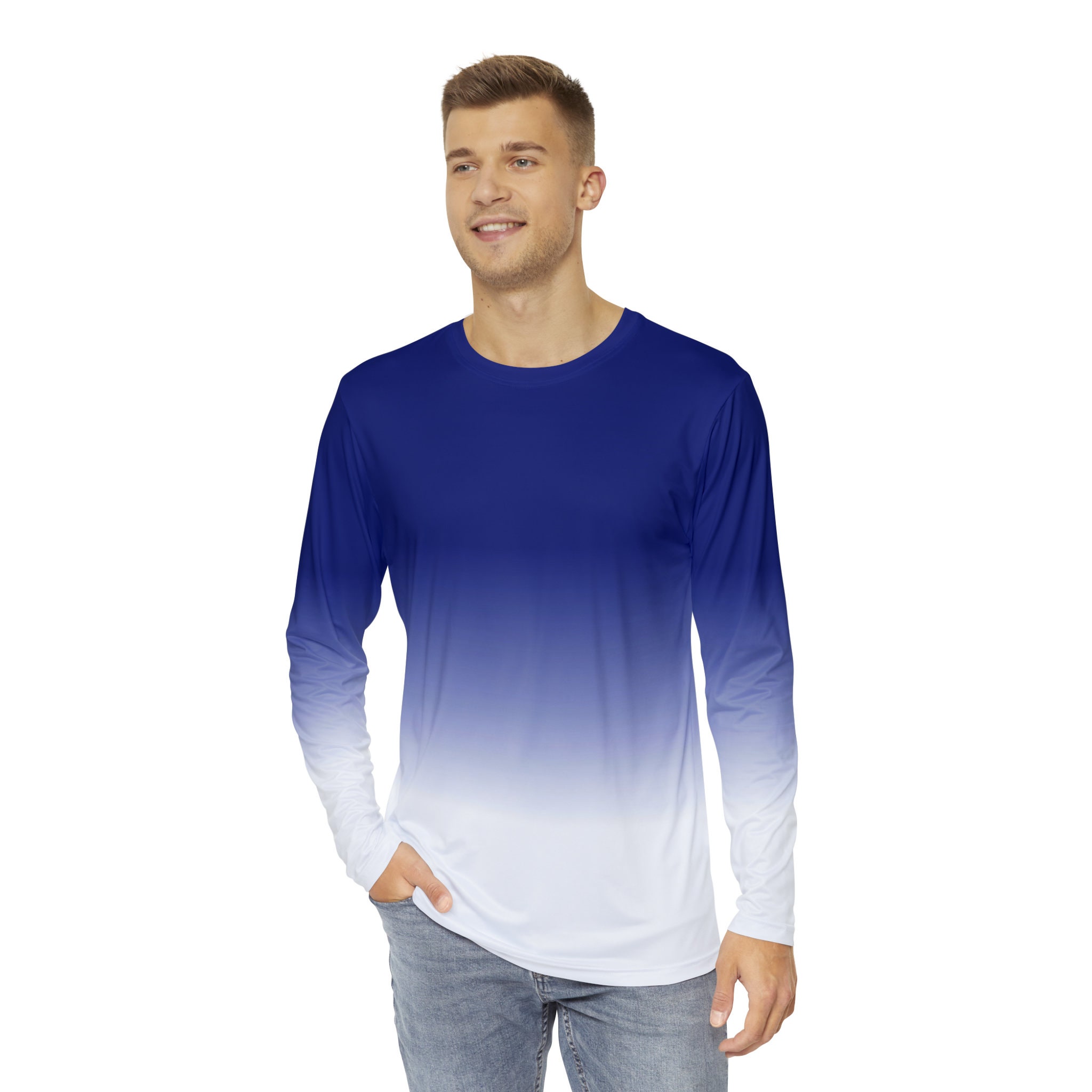 Blue White Ombre Men Long Sleeve Tshirt, Tie Dye Gradient Unisex 