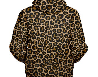 Leopard Zip up Fleece Lined Hoodie, Animal Print Brown Cheetah