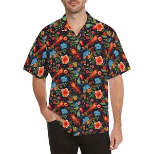 Crawfish Men Hawaiian shirt, Tropical Flowers Food Crayfish Vintage Aloha Hawaii Retro Summer Beach Plus Size Cool Button Down Shirt