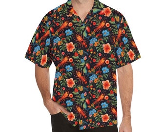 Crawfish Men Camicia hawaiana, Fiori tropicali Cibo Gamberi Vintage Aloha Hawaii Retro Summer Beach Plus Size Cool Button Down Shirt