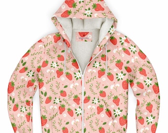 Strawberry Zip Up Fleece Lined Hoodie, Pink Floral Flowers Sherpa Heavyweight Full Zipper Men Women Unisex Graphic Hooded Sweatshirt Jacket