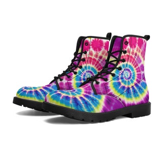 Tie Dye Women Leather Boots, Hippie Purple Vegan Lace Up Shoes Festival Black Ankle Combat Rave Winter Waterproof Custom Gift