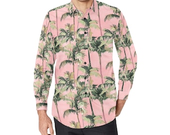 Pink Palm Trees Leaves Long Sleeve Men Button Up Shirt, Green Tropical Summer Print Dress Buttoned Collar Casual Dress Shirt Chest Pocket