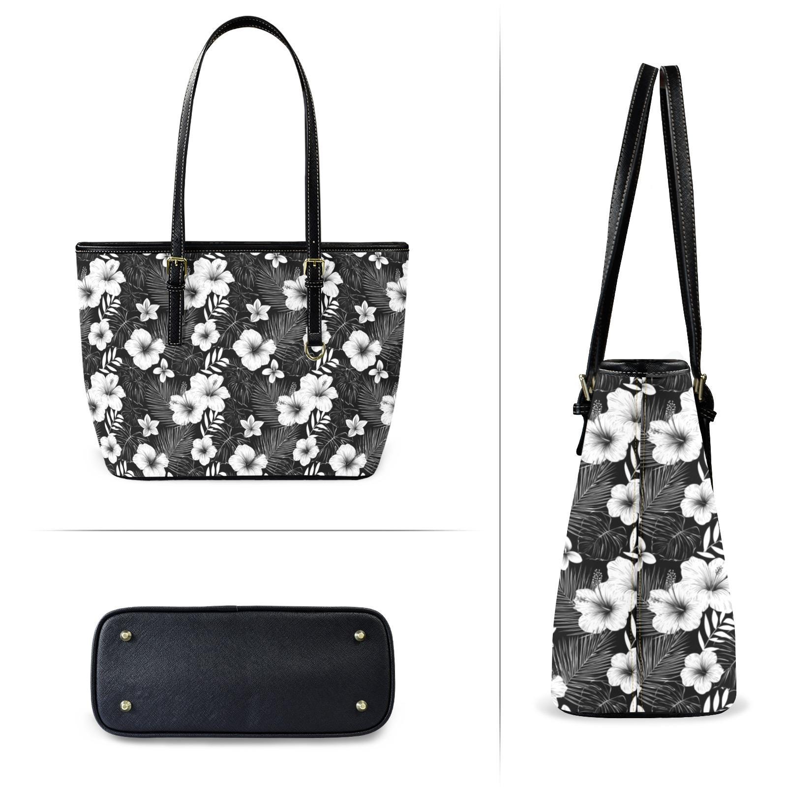 黒と花柄のレディースバック　okajima 手提げ Black White Floral Tote Bag Purse, Hibiscus Flowers Art Women