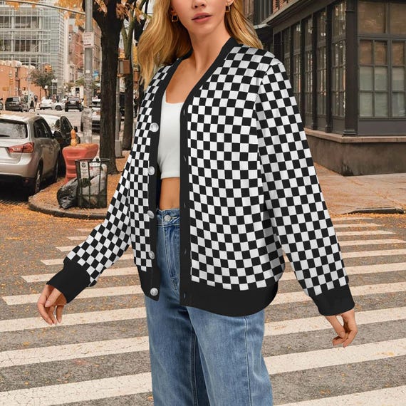 Checkered Cardigan Women, Black White Check Checkerboard