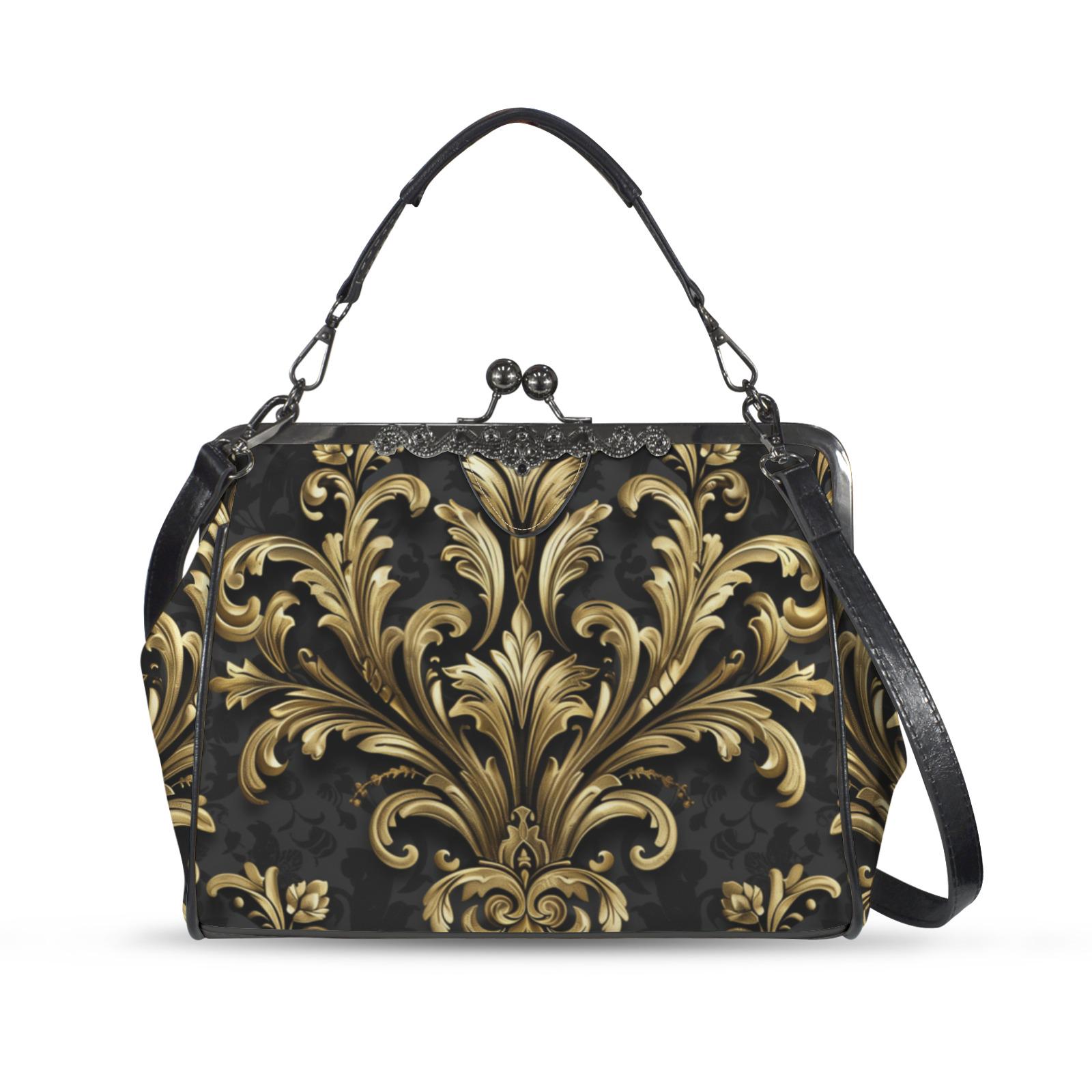 vintage ユーロ バッグ ショルダーバッグ Baroque Kiss Lock Purse Handbag, Retro Black Ornate Gold Print