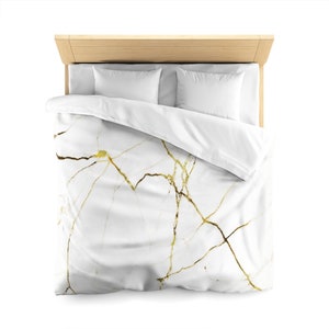 Gold Marble Print Duvet Cover, White Abstract Modern Microfiber Full Queen King Twin XL Unique Bed Cover Home Bedding Bedroom Decor