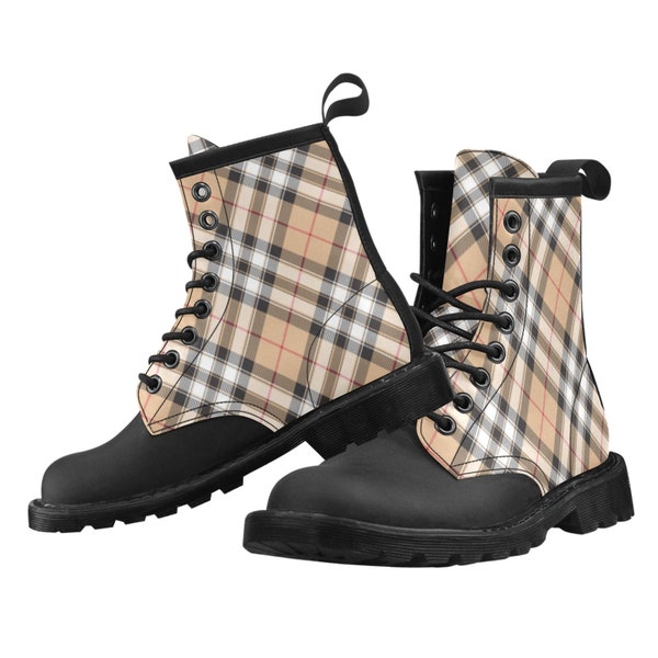 Cream Plaid Women's Boots, Tartan Tan White Check Vegan Leather Canvas Lace Up Shoes Black Print Ankle Combat Winter Custom Ladies