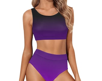 Black Purple Ombre Sports Bikini Set, Tie Dye Gradient High Waisted Cheeky Bottom Crop Halter Top Swimsuits Women Padded Festival Swimwear