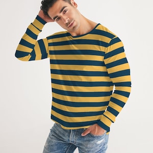 Blue and Yellow Stripes Men Long Sleeve Tshirt, Wide Striped Unisex Women Designer Graphic Aesthetic Crew Neck Tee