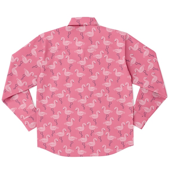 mens flamingo dress shirt Pink Flamingo Long Sleeve Men Button Up Shirt, Tropical Guys Male Print Buttoned Down Collared Graphic Casual Dress Plus Size Shirt XS