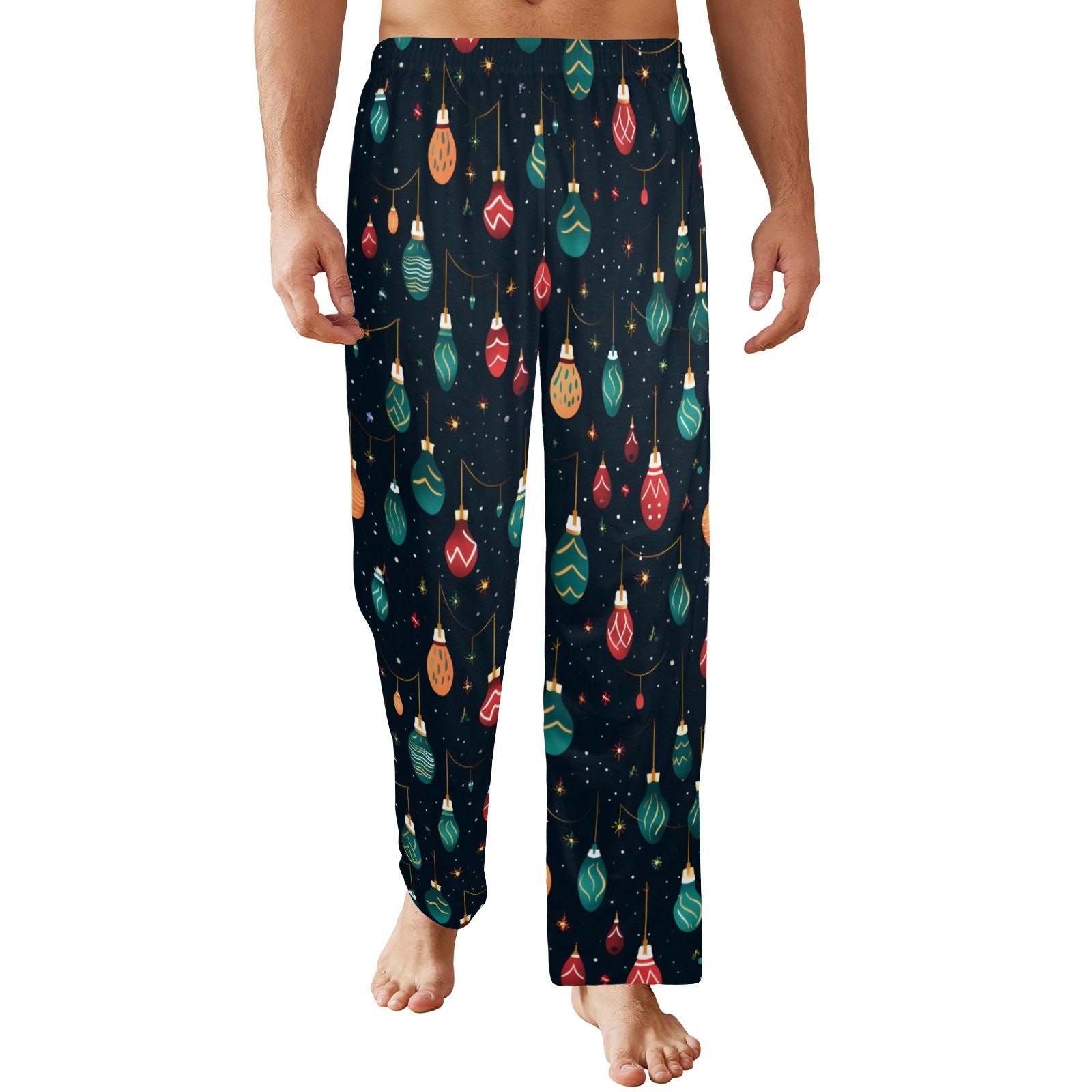 Christmas Lights Men Pajamas Pants Green Festive Holidays Decoration Xmas Satin PJ Pockets Sleep Trousers Couples Matching Trouser Bottoms