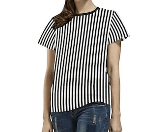 Black White Striped Women Tshirt, Vertical Stripes Ladies Female Designer Adult Graphic Aesthetic Fashion Fitted Crewneck Tee Shirt Top