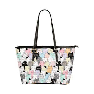 Katzen Tote Bag Geldbörse, süße Kätzchen Print Handtasche Frauen Vegan Leder Zip Top klein groß Designer handgefertigt Schulter Arbeit Damentasche