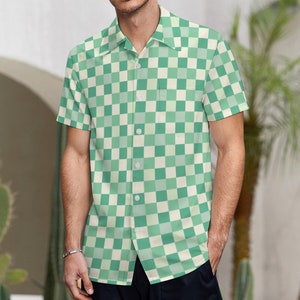 Green Checkered Men Button Up Shirt, Mint Short Sleeve Print Casual Buttoned Down Male Guys Collared Designer Dress Shirt Chest Pocket