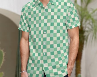 Green Checkered Men Button Up Shirt, Mint Short Sleeve Print Casual Buttoned Down Male Guys Collared Designer Dress Shirt Chest Pocket