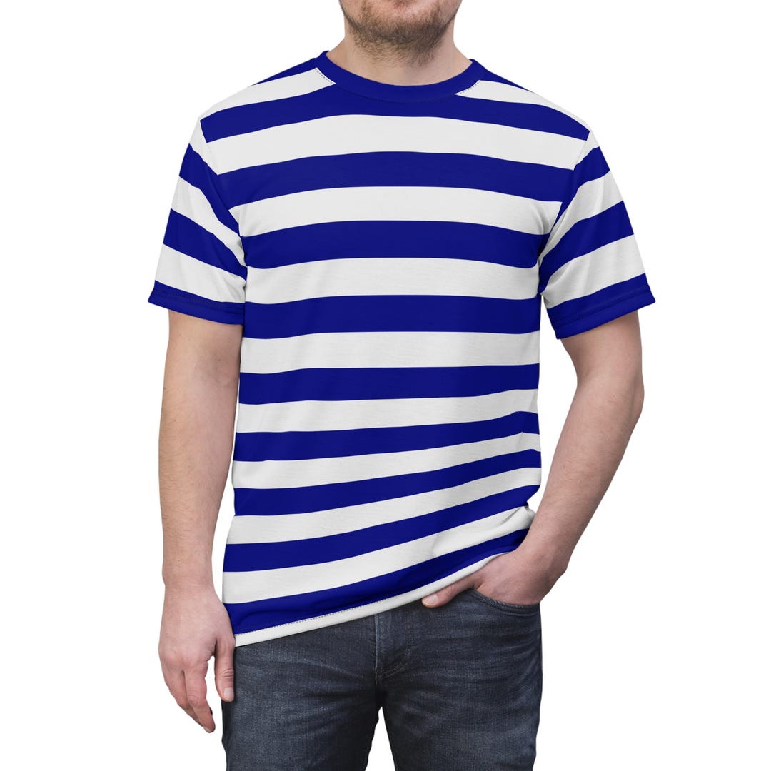 Royal Blue and off White Striped Tshirt, Wide Horizontal Stripe