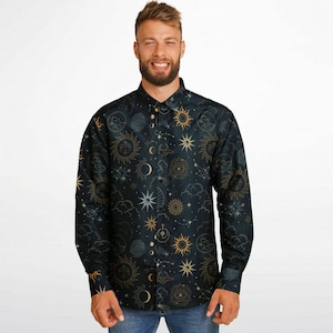 Stars Sun Moon Long Sleeve Men Button Up Shirt, Celestial Space Guys Male Print Buttoned Down Collared Graphic Casual Dress Shirt