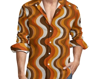 Camisa de manga larga con botones para hombre, estilo años 70, con estampado retro vintage marrón y naranja, cuello abotonado, estilo disco de los años 70, bolsillo en el pecho.