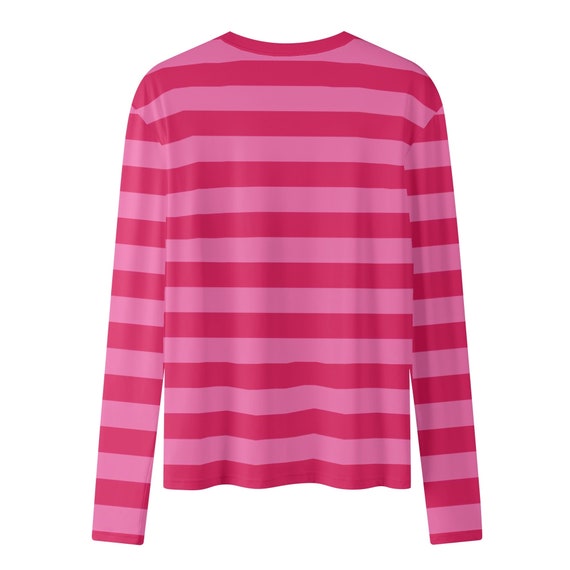 ピンクと赤のストライプ柄レディース長袖Tシャツ、デザイナー