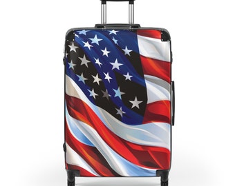 American Flag Suitcase Luggage, USA Art Carry On 4 Wheels Cabin Travel Small Large Set Rolling Spinner Lock Decorative Hard Shell Case