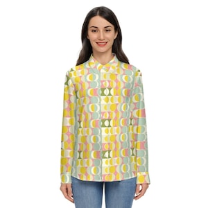 Mid Century Modern Long Sleeve Shirt Women, Retro 60s Vintage Yellow Button Up Ladies Blouse Print Buttoned Down Collared Casual Dress Top