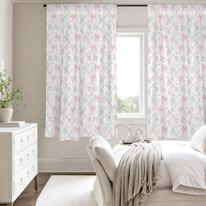 Pink Bows White Floral Modern Window Curtain, Flowers Coquette Kitchen Living Room Bedroom Bathroom Fabric Unique Rod Pocket Decor Home