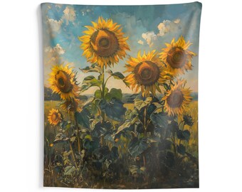 Tapiz de flores de girasoles, plantas de pared florales, arte de la naturaleza, colgante, fresco, único, vertical, estético, grande, pequeña decoración, dormitorio universitario
