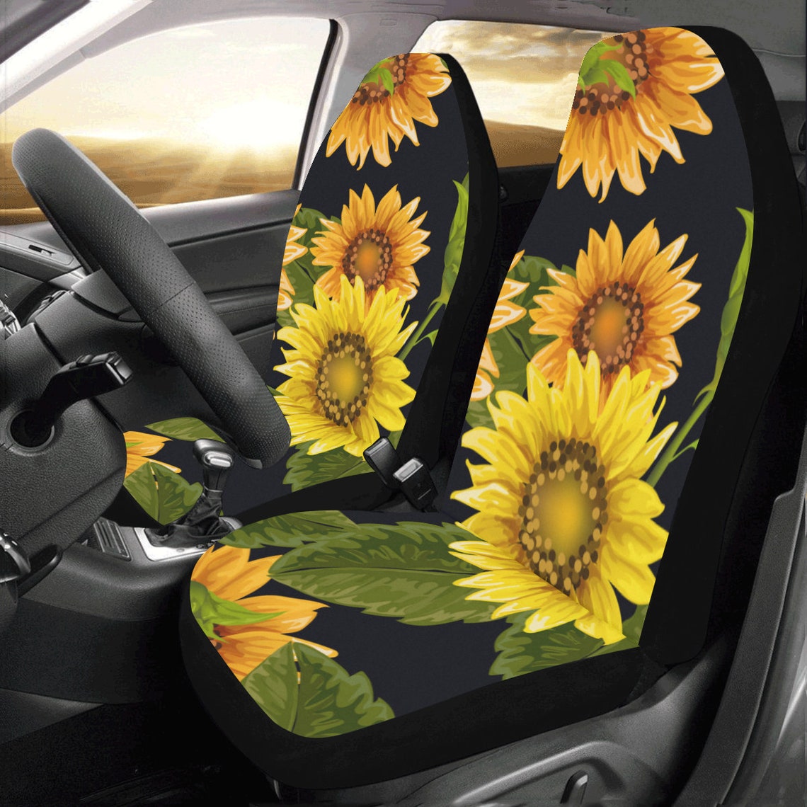 Sunflower Car Seat Covers 2 Pc Black Yellow Front Seat Etsy