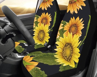Sunflower Car Seat Covers 2 pc Set, Black Yellow Flowers Universal Front Seat Floral Car SUV Vans Seat Protector Accessory Women
