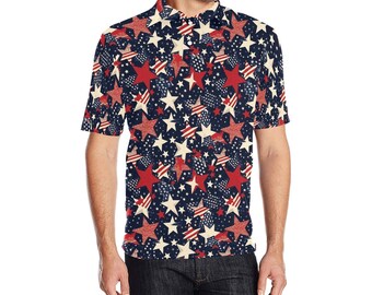 USA Amerikansk Flagga Herr Pikétröja med Krage, Stjärnränder Röd Vit Blå Vintage Patriotisk Avslappnad Knäppt Upp Kortärmad Golftröja