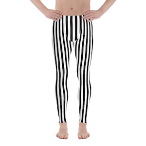 Black White Striped Men&#39;s Leggings, Vertical Stripe Rave Goth Costume Printed Yoga Sports Workout Festival Fitness Pants Tights